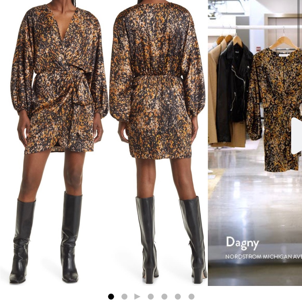 FLORET STUDIOS ABSTRACT PRINT LONG SLEEVE SATIN FAUX-WRAP DRESS